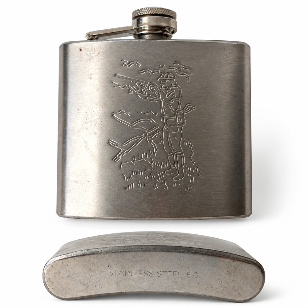 Vintage Stainless Steel Hip Flask Hunter Dog Hunting Scene Screw Cap 5 oz W